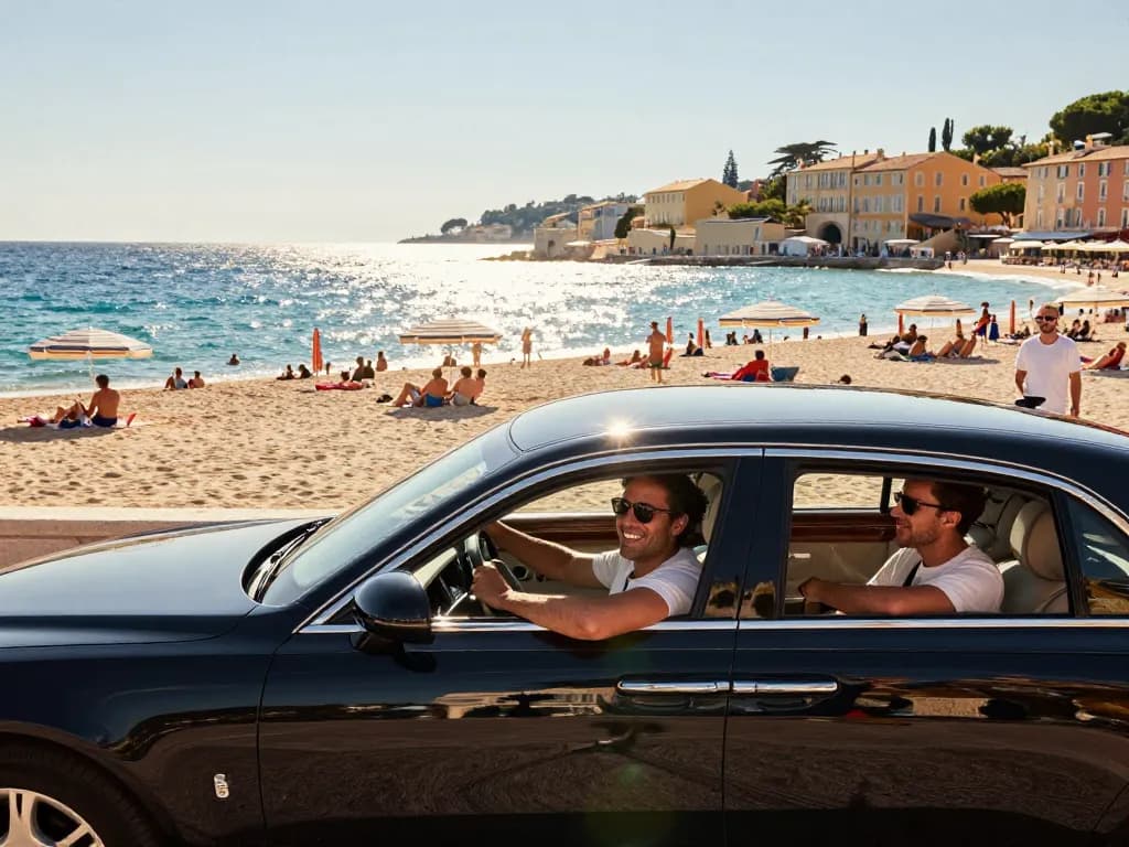 Taxi Saint Tropez offrant une promenade luxueuse le long de la magnifique côte, mettant en valeur l'atmosphère vibrante d'une escapade estivale.