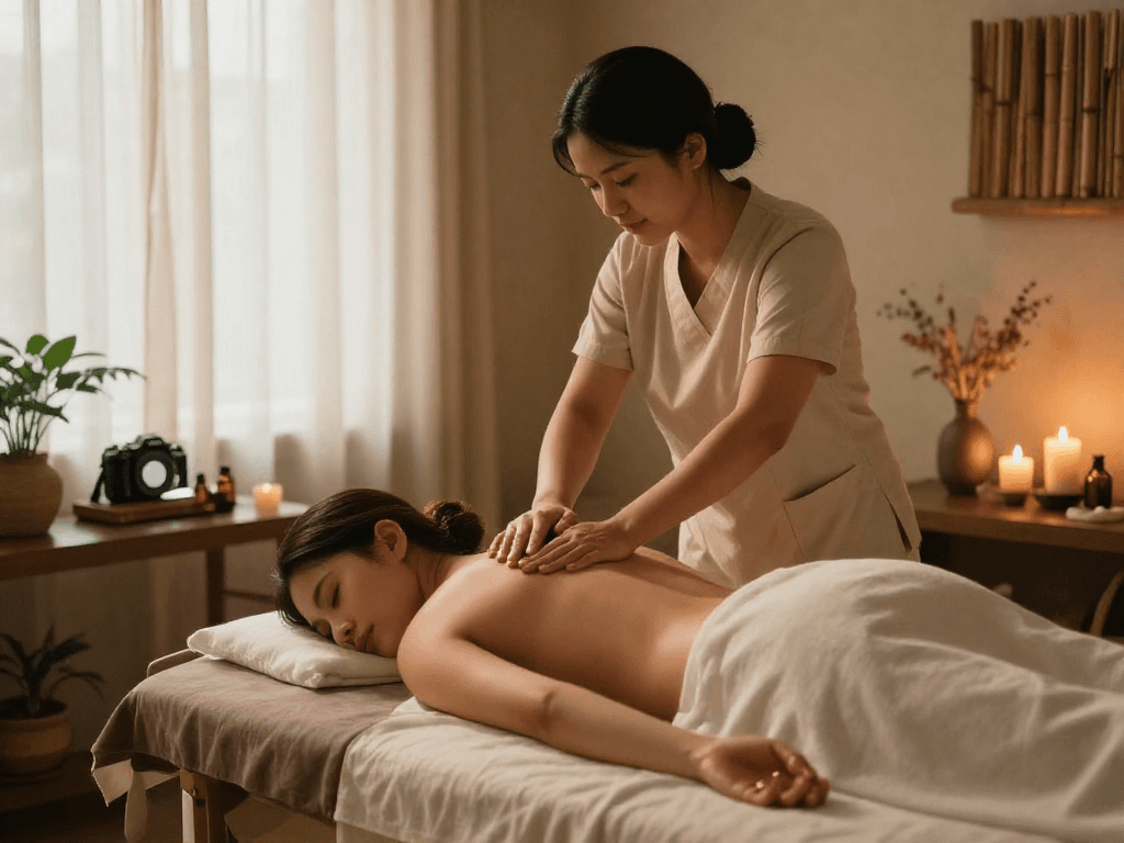 Therapist performing 산본출장안마 in a serene spa setting with calming decor.