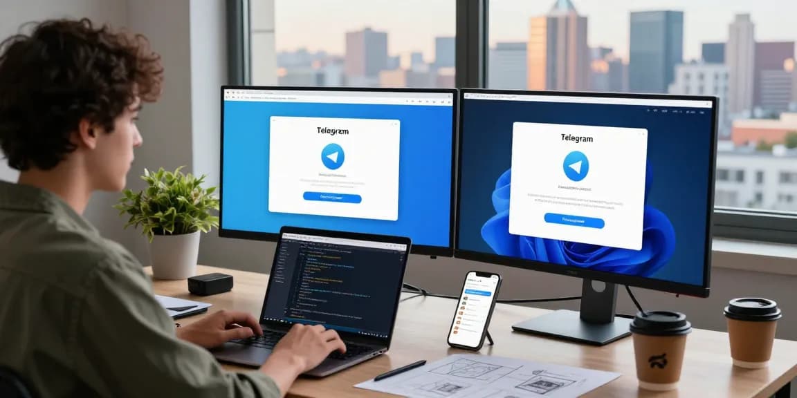 Developer using Telegram download on dual monitors in a bright office.