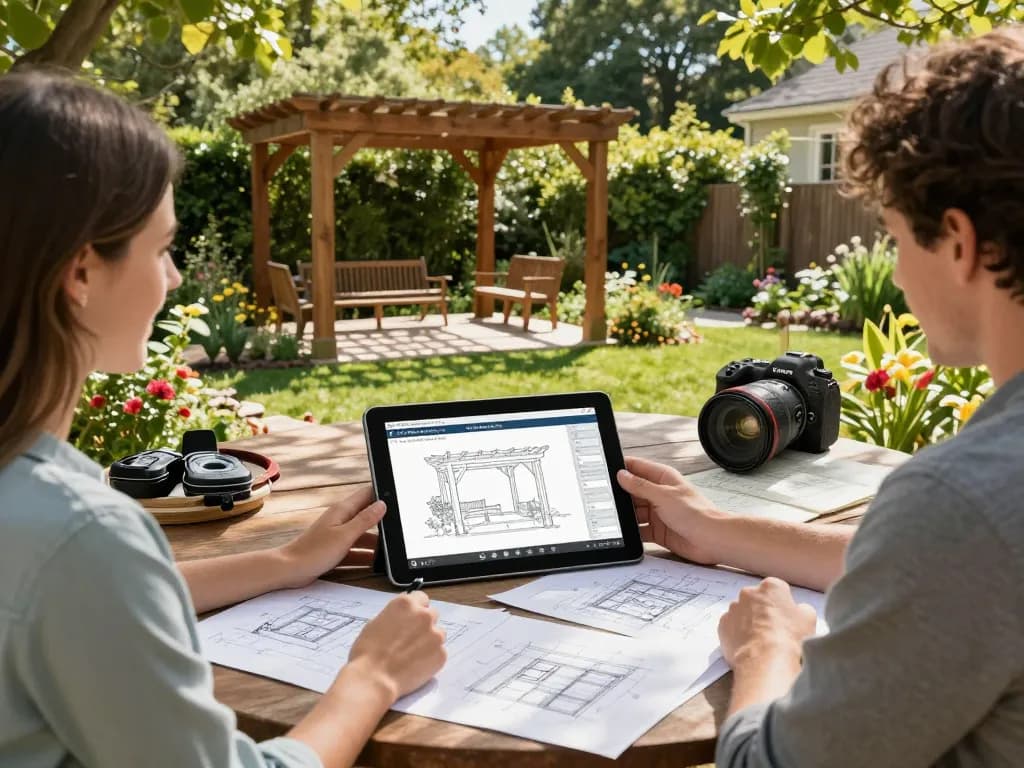 Couple designing a custom pergola using Pergola Configurator Software in their garden, showcasing augmented reality features and design tools.