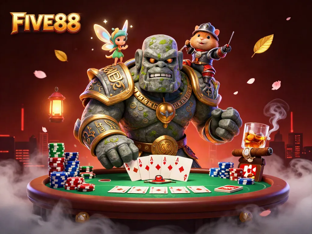Experience the thrill of gaming at FIVE88 with a magical illustration of a golem, fairy, and hamster knight.
