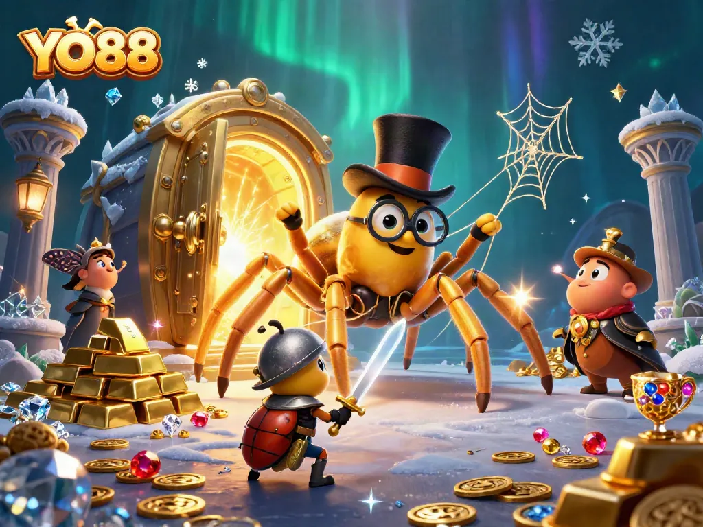 Experience YO88 with a daring beetle knight facing a golden tarantula in a vibrant casino scene.