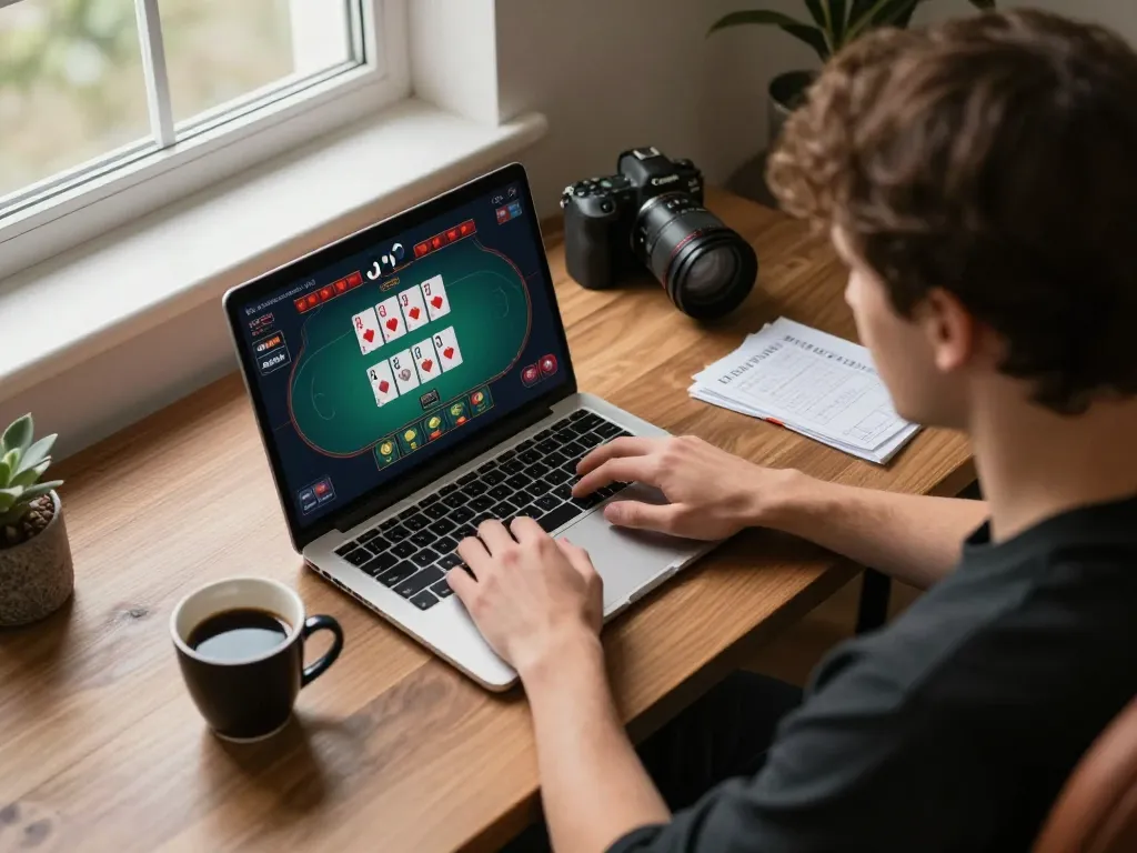 Engaged player strategizing poker gameplay on ai88bet, focused on laptop screen with betting options while surrounded by notes.