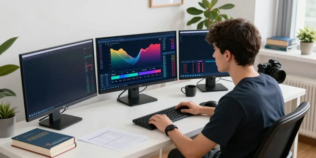 Trader using quantum ai for automated trading in a bright home office