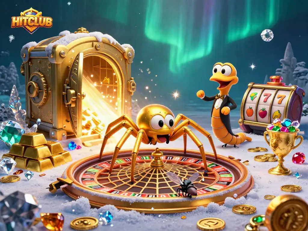 Engage HITCLUB with exciting slot reels and rich gold treasures in a vibrant casino illustration.