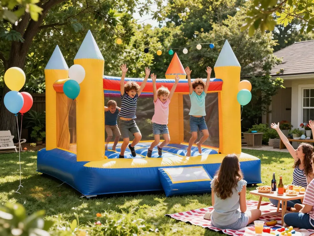 Children enjoying a bounce house at an outdoor party with vibrant decorations.