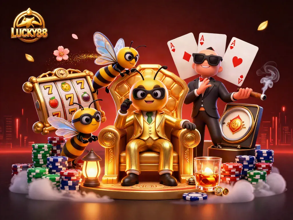Engage with LUCKY88, the vibrant 3D casino scene highlighting exciting slot reels and characters.