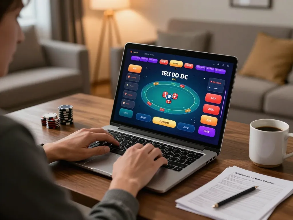 Engaged player using ee88 online gaming platform at home, showcasing vibrant poker interface and strategic notes