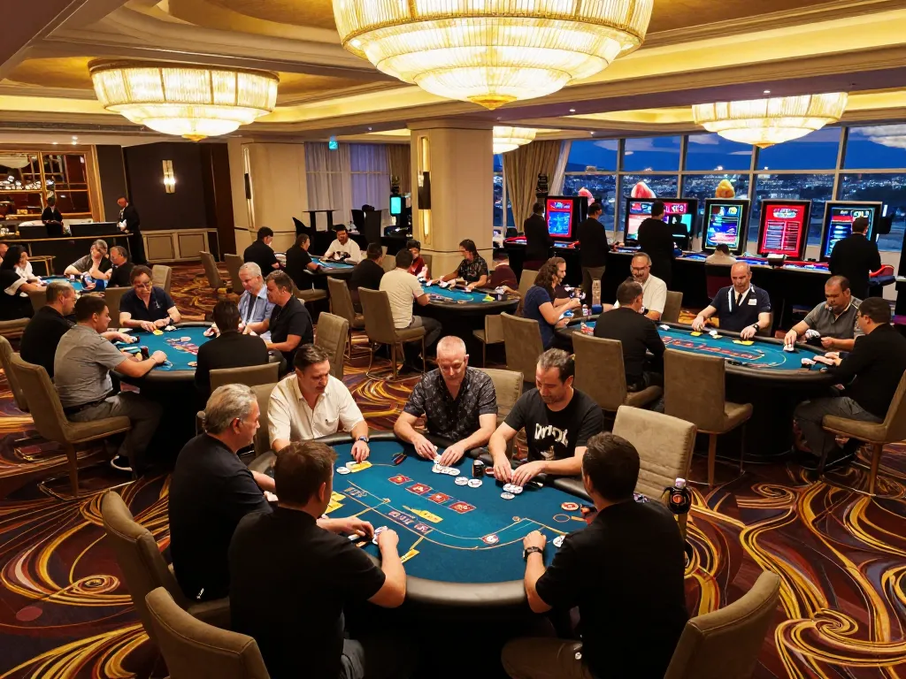 Players engage in thrilling poker gameplay at a stylish casino, showcasing 79so do strategies and excitement.