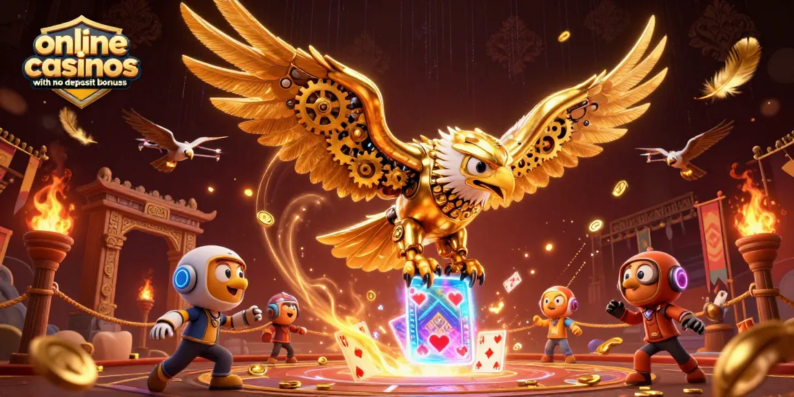 Experience the thrill with online casinos with no deposit bonuses, featuring captivating 3D casino elements and majestic flying eagles.