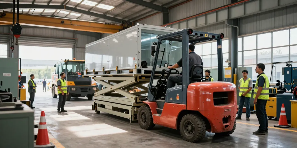 Machinery movers safely relocating heavy equipment in a bright warehouse setting, showcasing teamwork and specialized lifting techniques.