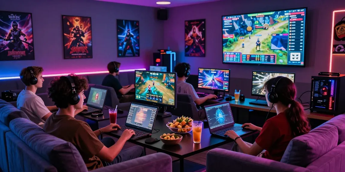 Friends in a luxurious gaming lounge enjoying iwin online games with vibrant graphics.