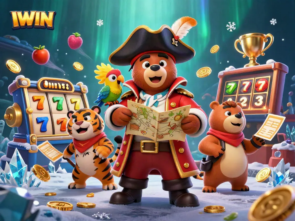 IWIN showcases thrilling casino action with a pirate bear, tiger, and gold coins spinning!