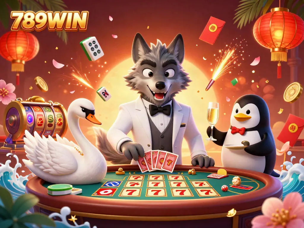 Experience dynamic gameplay at 789WIN with a wolf, swan, and penguin in an exciting casino scene.