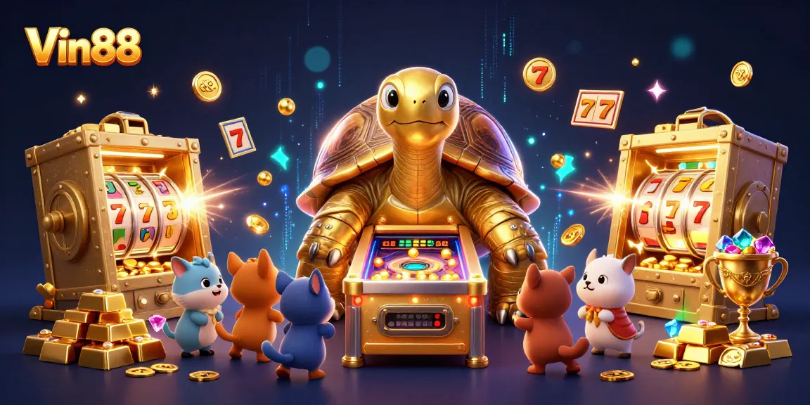 Play thrilling slots at Vin88 with a golden tortoise-jackpot-themed scene filled with treasures.