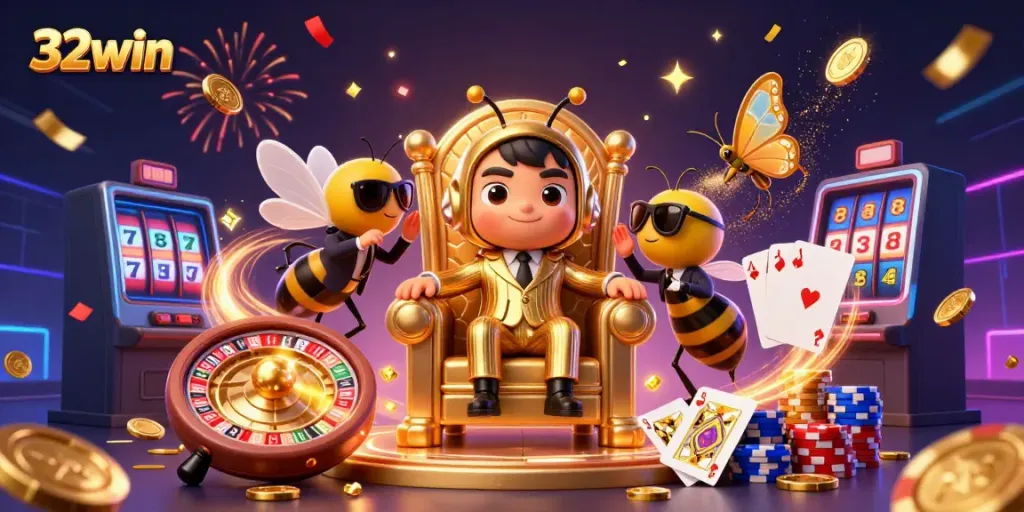 Play at 32win and explore the thrilling casino atmosphere with dynamic characters and golden rewards.