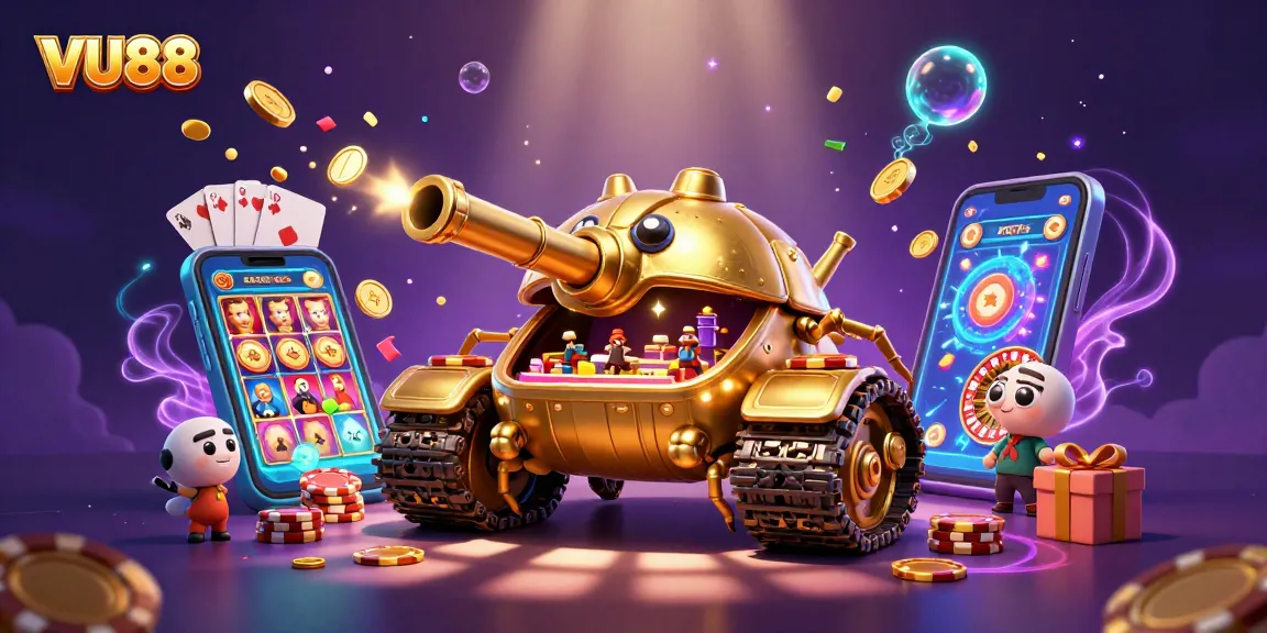 Engage in thrilling gameplay with VU88’s lively casino illustration featuring colorful slot games and gold coins.