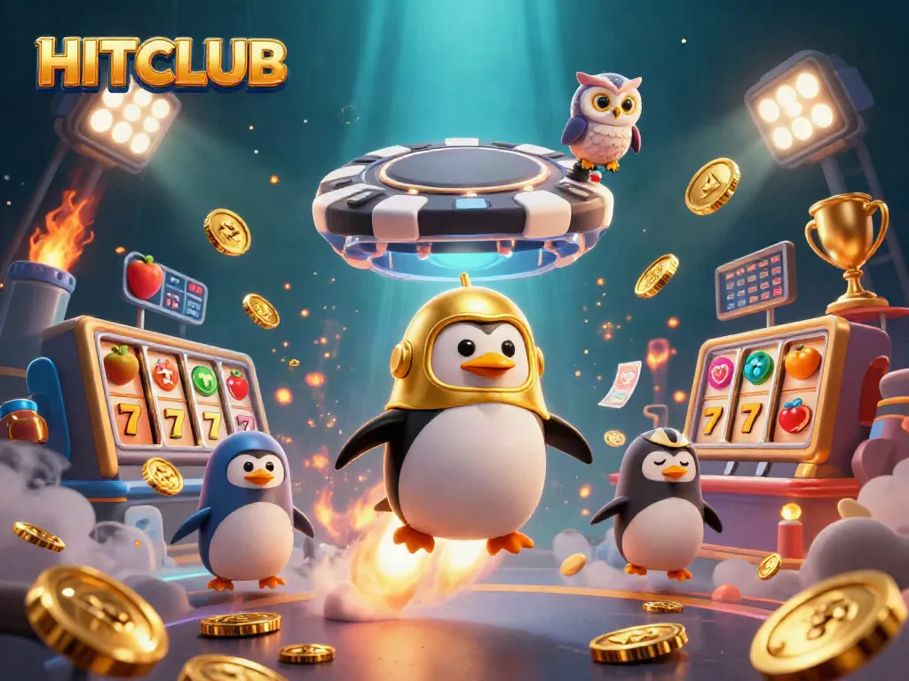 Engage in HITCLUB gaming excitement with a golden penguin, casino elements, and dynamic action.