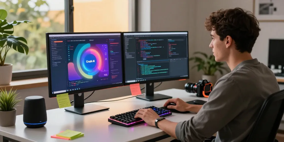 Engaging workspace scene featuring a developer coding with Crush AI on dual monitors, surrounded by tech elements.