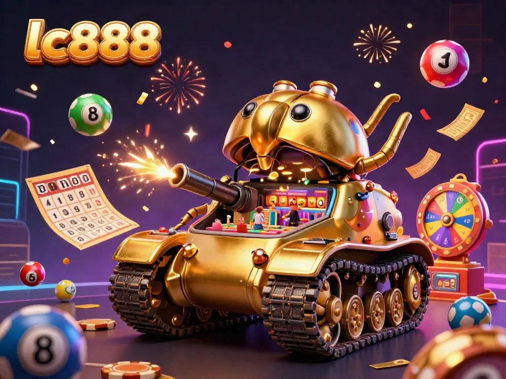 Experience the excitement of lc888 with a festive 3D casino scene featuring a golden beetle tank, bouncing lottery balls, and dynamic celebration effects.