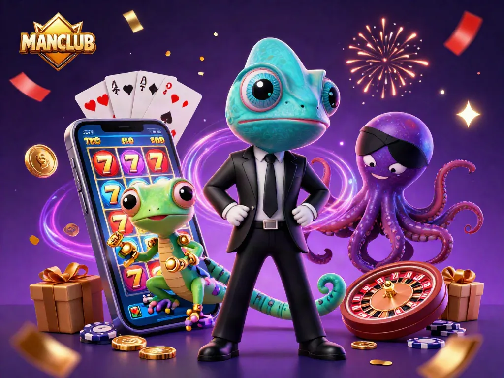 Spin the reels with Manclub's vibrant 3D casino illustration featuring fortune and excitement.