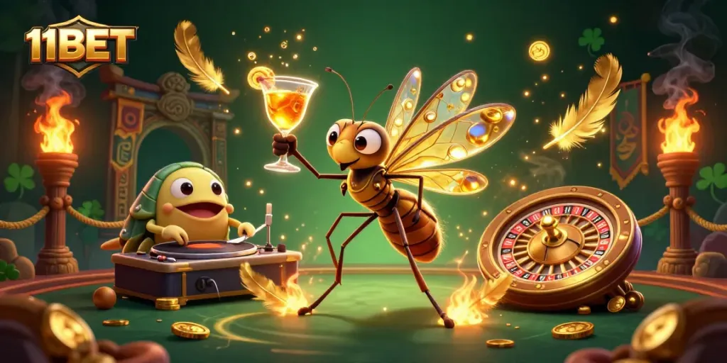 11BET showcases an engaging casino scene with unique characters and dynamic elements, highlighting exciting gaming.
