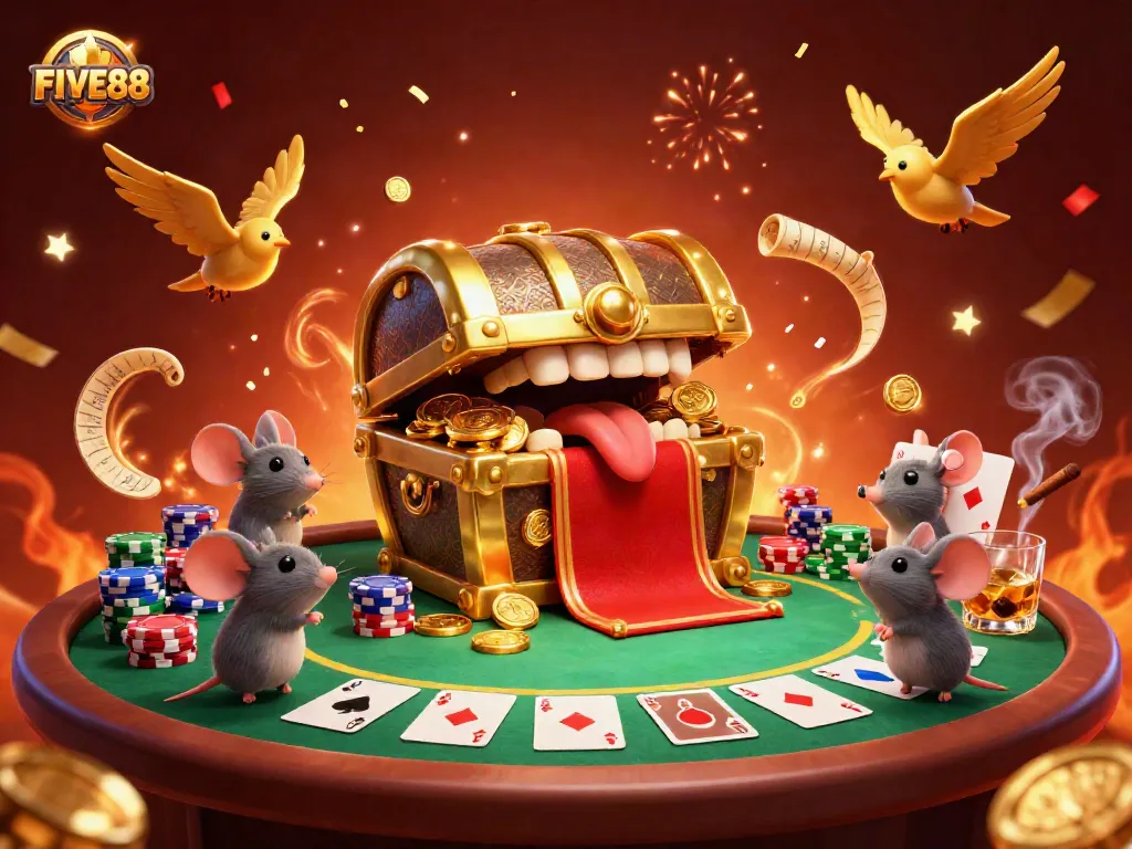 Join the excitement at FIVE88 casino with golden treasures and poker thrills in a vibrant 3D scene.