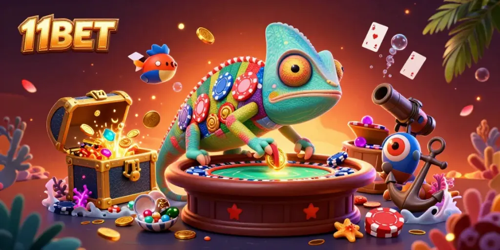 Experience the excitement of 11BET with our vibrant 3D casino illustration featuring game elements.