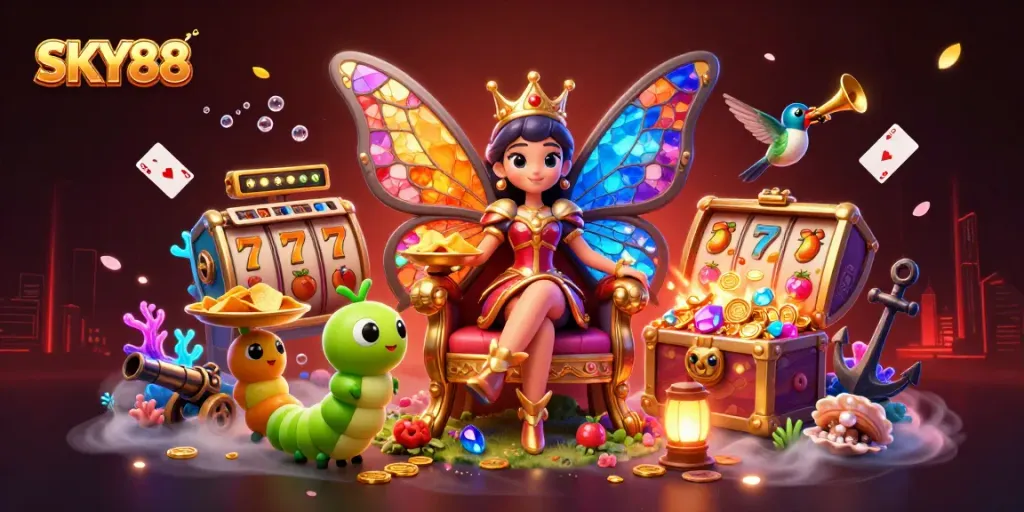 Sky88 presents a vibrant casino atmosphere with a butterfly queen, golden chips, and slot game elements.