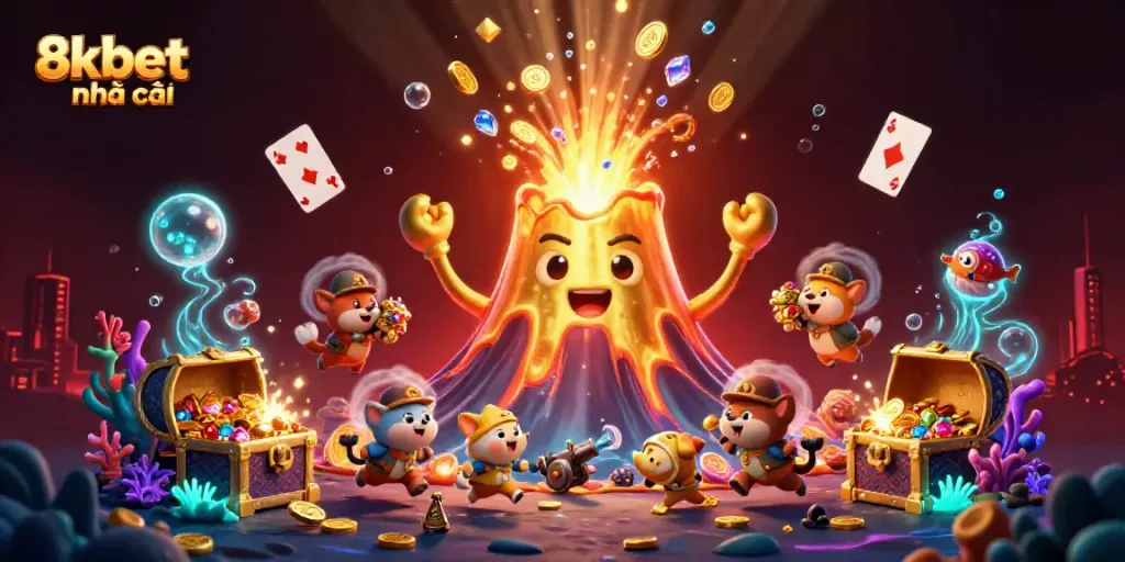 Feel the excitement at 8xbet nhà cái as the golden volcano erupts coins and treasures in a vibrant casino scene.