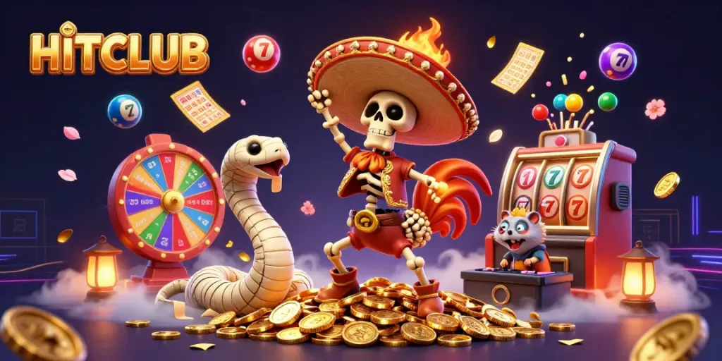 Experience HITCLUB's thrilling showdown with a vibrant 3D casino illustration of characters celebrating wins.