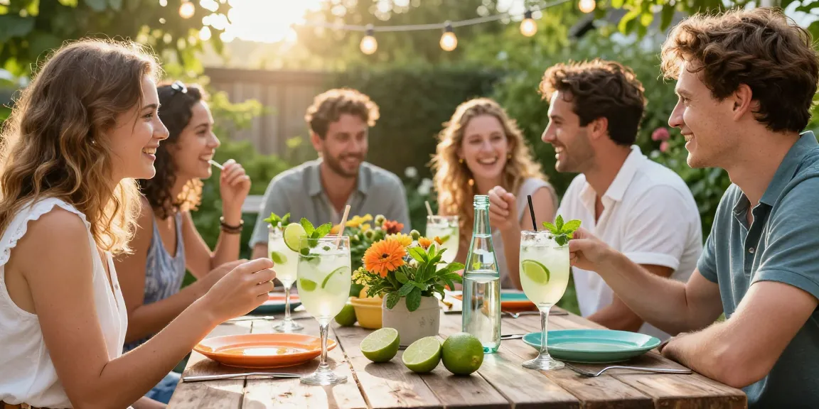 Lime Ricky drinks at a summer garden party with friends enjoying vibrant flavors and fresh garnishes.