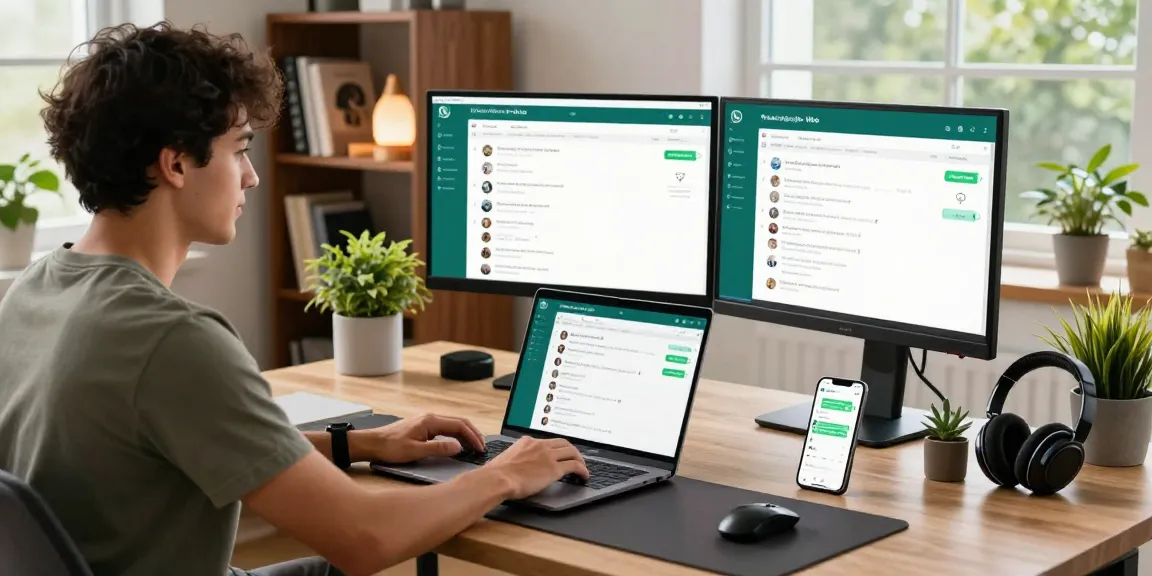 Professional using WhatsApp網頁版 on a laptop in a modern workspace with dual monitors and tech gadgets.