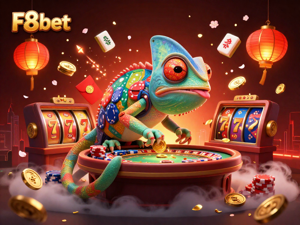 Engage with F8bet's vibrant online casino experience featuring a colorful chameleon owner and exciting game elements.