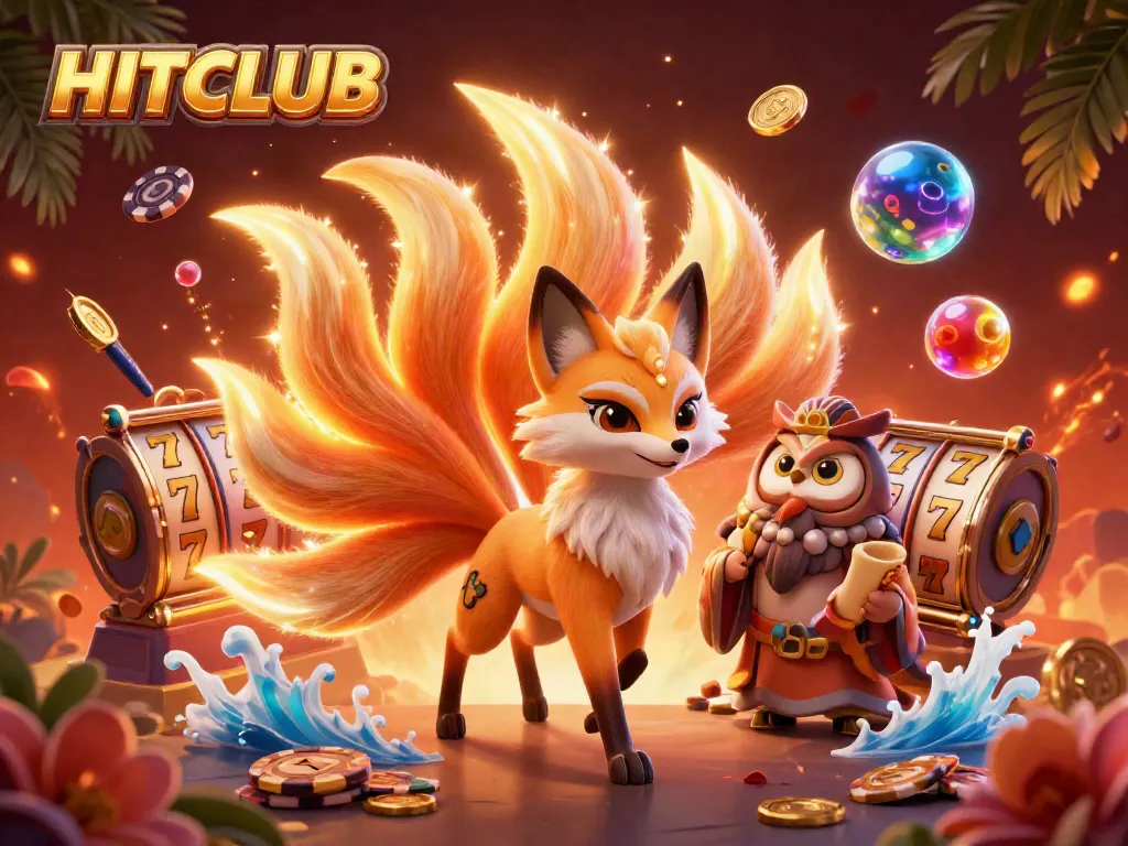 Engage with HITCLUB in this vibrant casino scene featuring dynamic slot reels and lucky charms.