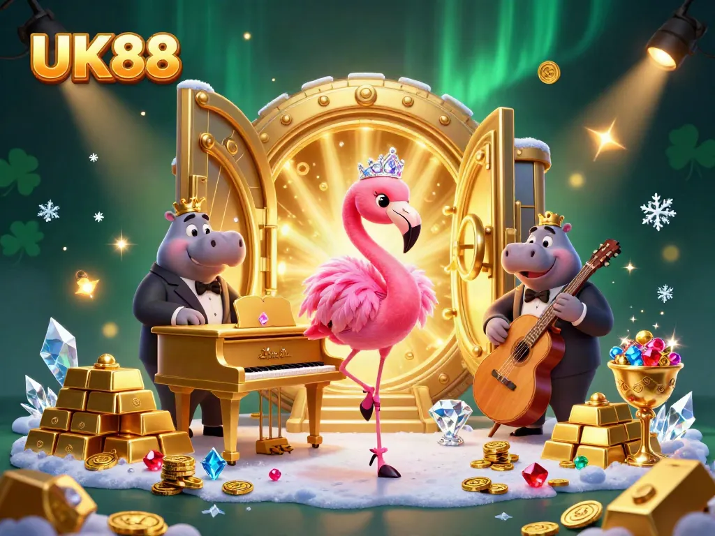 Experience the thrill of winning with UK88 at this vibrant casino scene featuring colorful characters and lavish treasures.