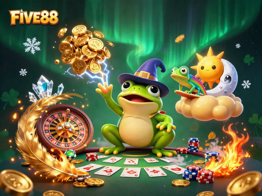 Experience thrilling gaming action with FIVE88's colorful casino adventure illustration.