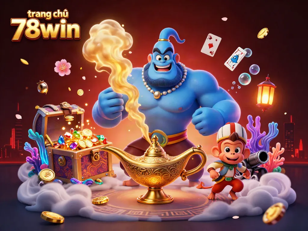Experience the thrills of gambling with trang chủ 78win, vibrant 3D casino illustration featuring a blue genie and poker chips.