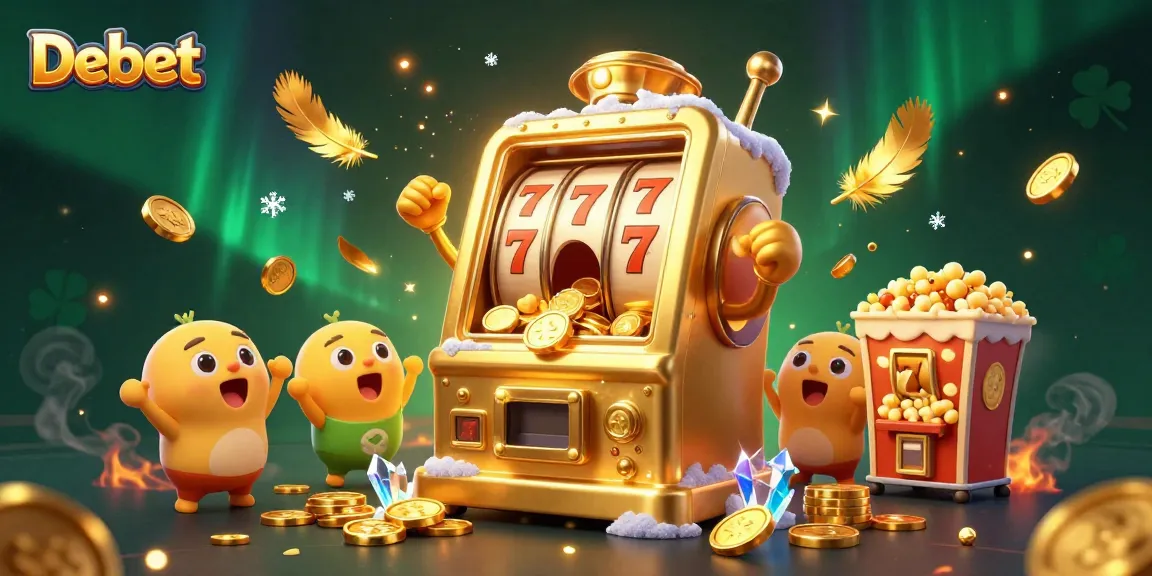 Debet slot machine hitting jackpot surrounded by cheerful baby slots and golden kernels in a vibrant atmosphere.
