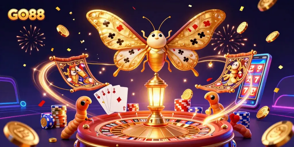 Engage with GO88 through vibrant casino scenes with a majestic moth and golden elements.