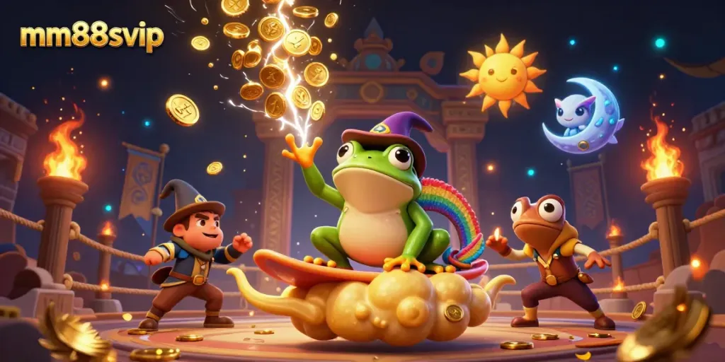 Experience the magic of mm88svip with stunning golden coin storms and vibrant characters.