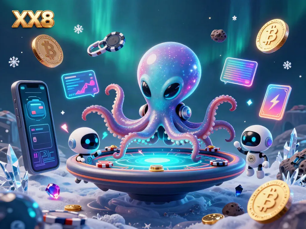 Experience the thrill of XX8 poker with a vibrant 3D alien octopus and NFT elements.