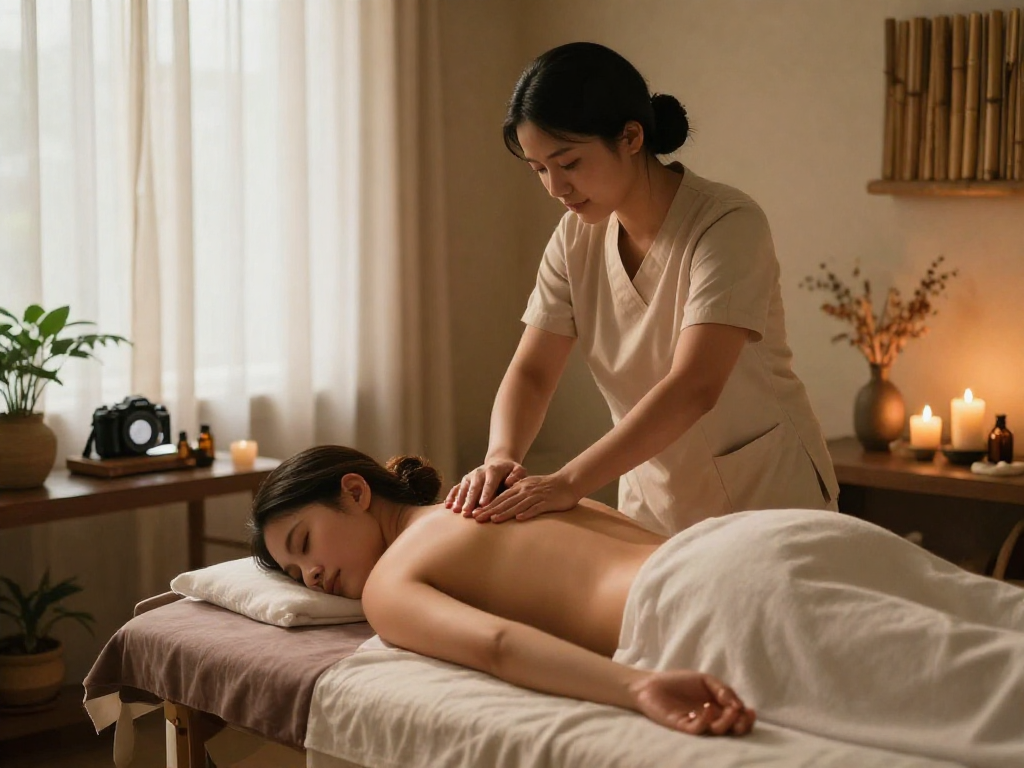 Therapist performing 산본출장안마 in a serene spa setting with calming decor.