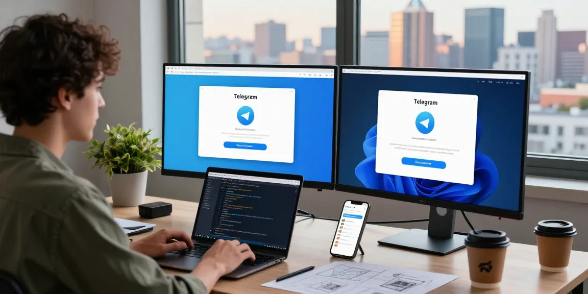 Developer using Telegram download on dual monitors in a bright office.