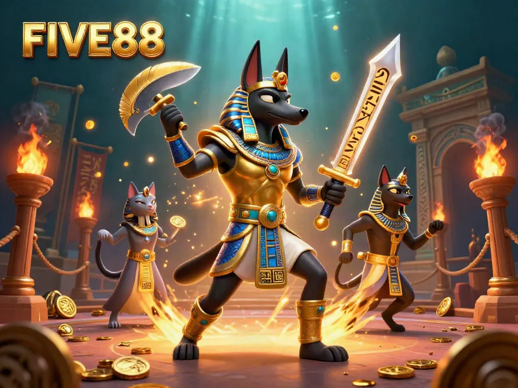 Experience the excitement of betting at FIVE88 with ancient Egyptian warriors and vibrant casino elements.