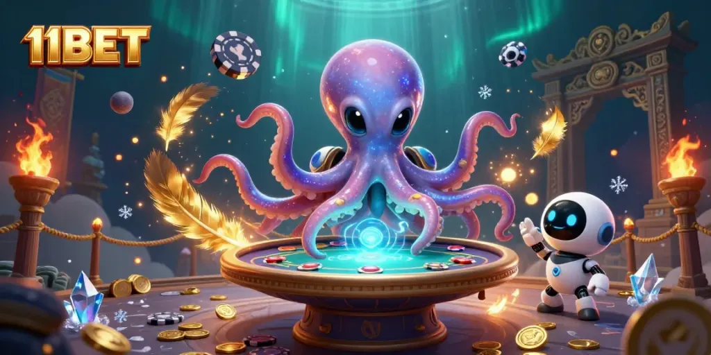 Experience immersive gaming at 11BET with vibrant alien characters around a poker table.