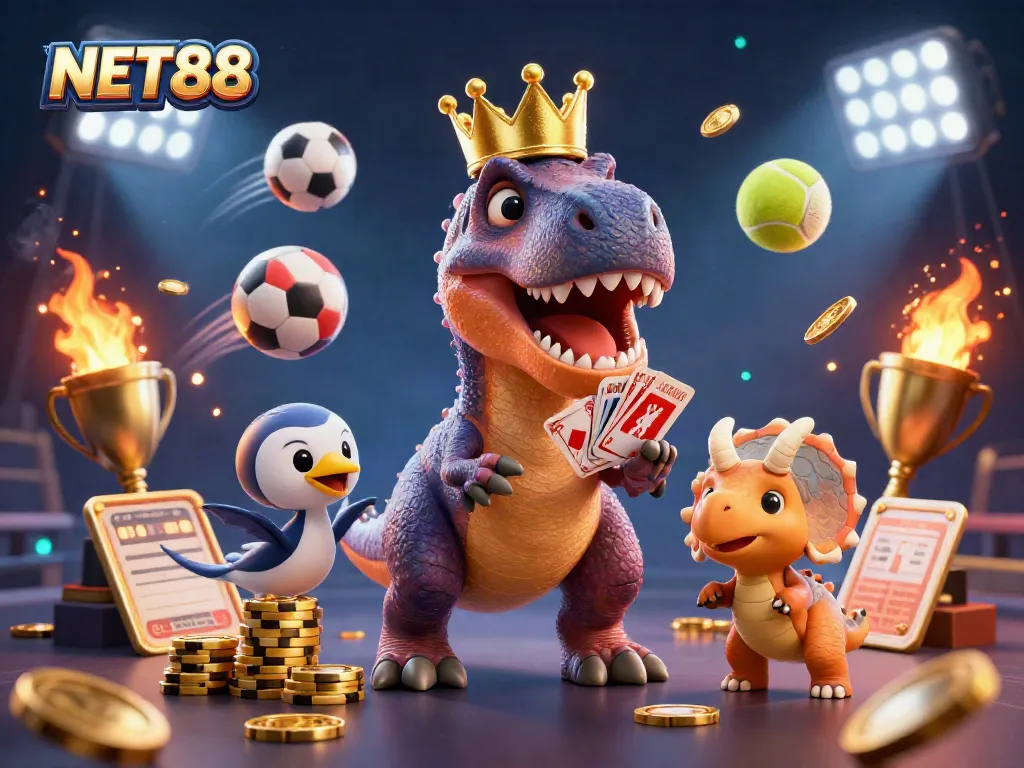Engage with NET88 through a playful 3D illustration of a T-Rex, Pterodactyl, and Triceratops in a dynamic betting scene.