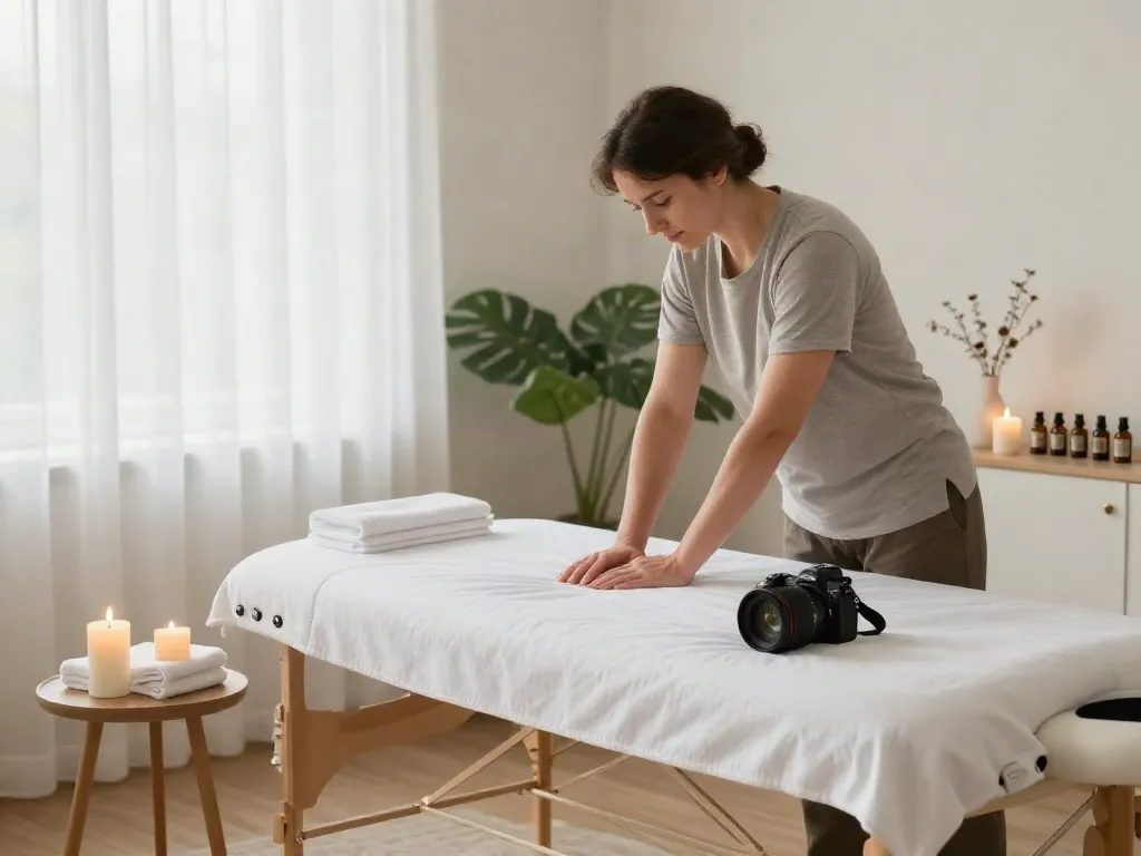 Relaxing 화성출장안마 scene with a massage therapist preparing in a serene living room.