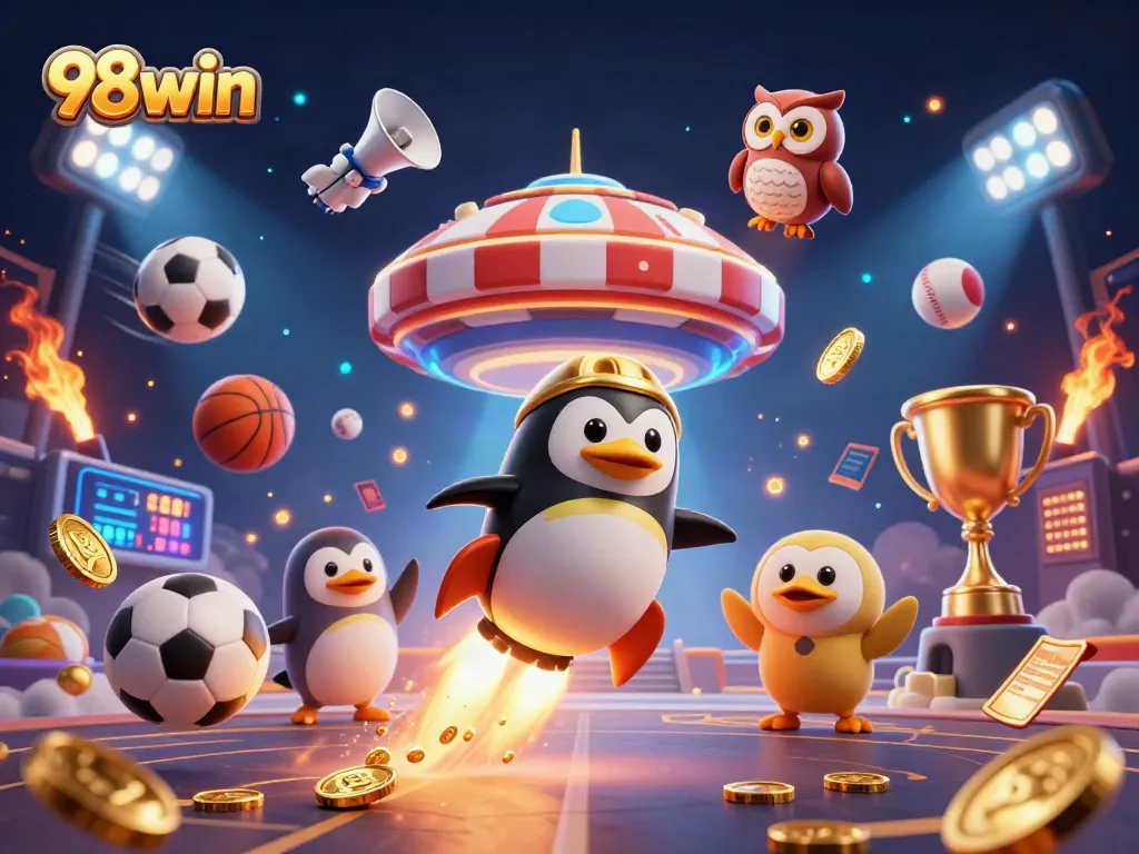 Join the exciting adventure of 98win with a rocket-powered golden penguin heading to a thrilling casino space station.