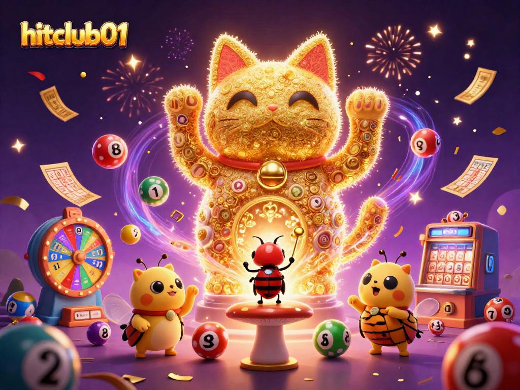 Experience the magic of hitclub01 through colorful lottery elements and a vibrant lucky cat!
